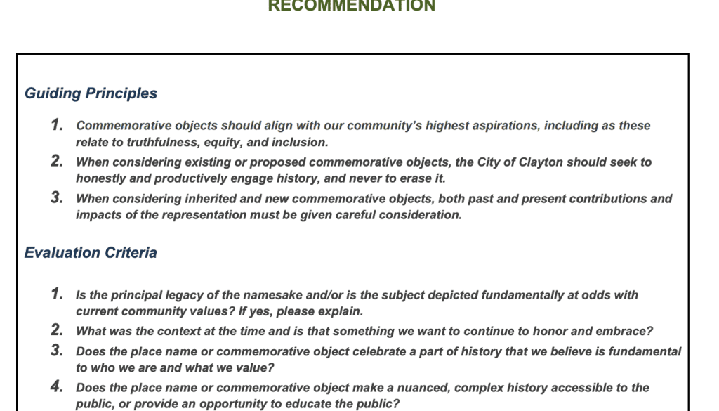 Clayton Mayor’s Commemorative Task Force Recommendation