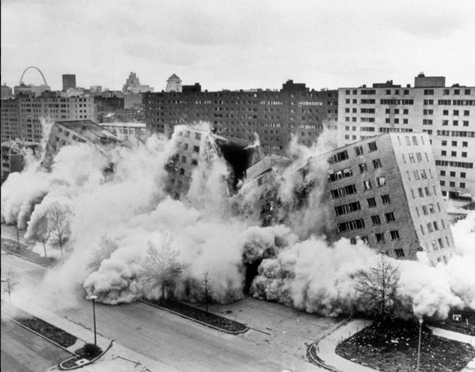 One of the Pruitt-Igoe buildings is brought down by dynamite implosion on April 29, 1972. Former residents say the federal government sprayed a potential carcinogen at the complex in the early 1950s. St. Louis Post-Dispatch photo.